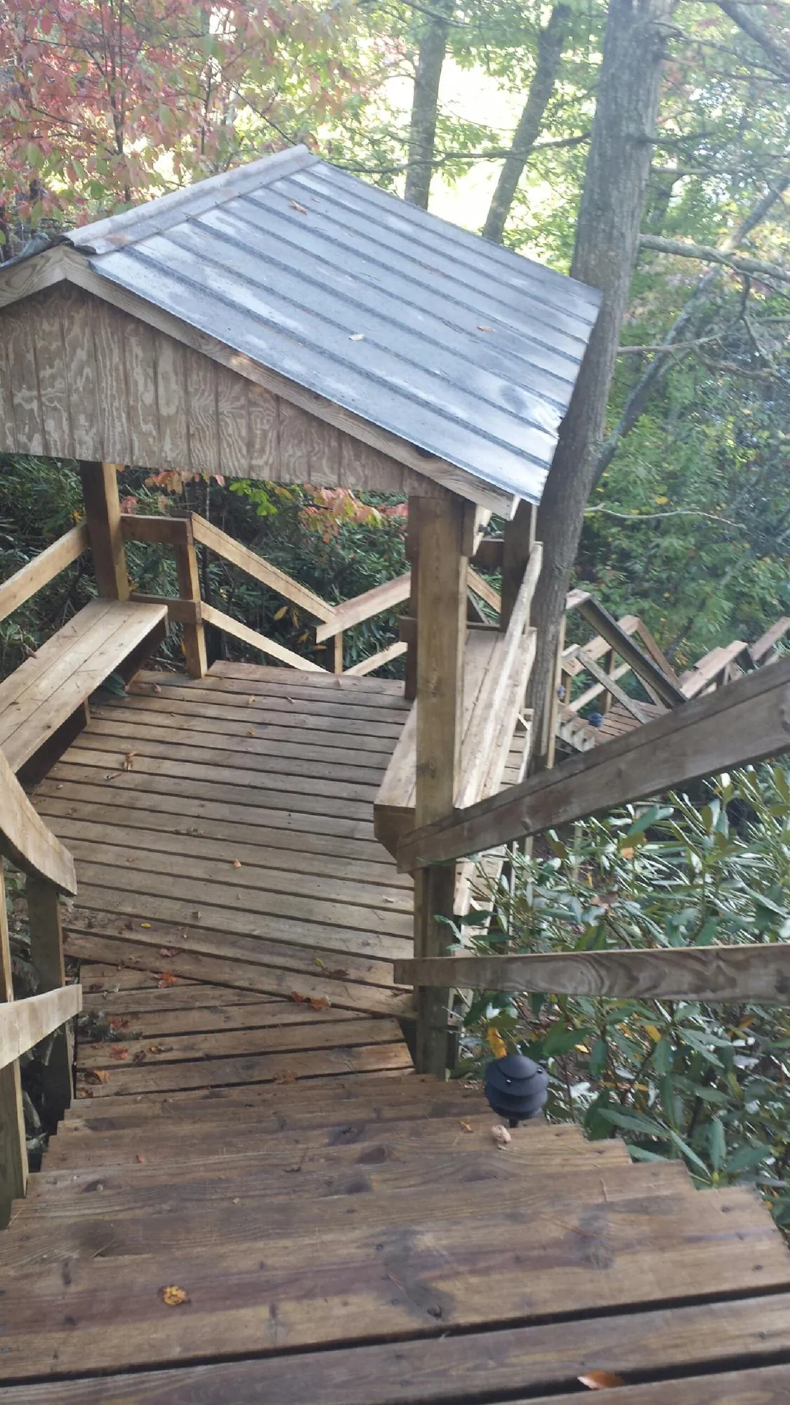Metal roofed shelter over wooden steps on a wooded walkway — Skylight Repair & Installation work by our crew in Odell